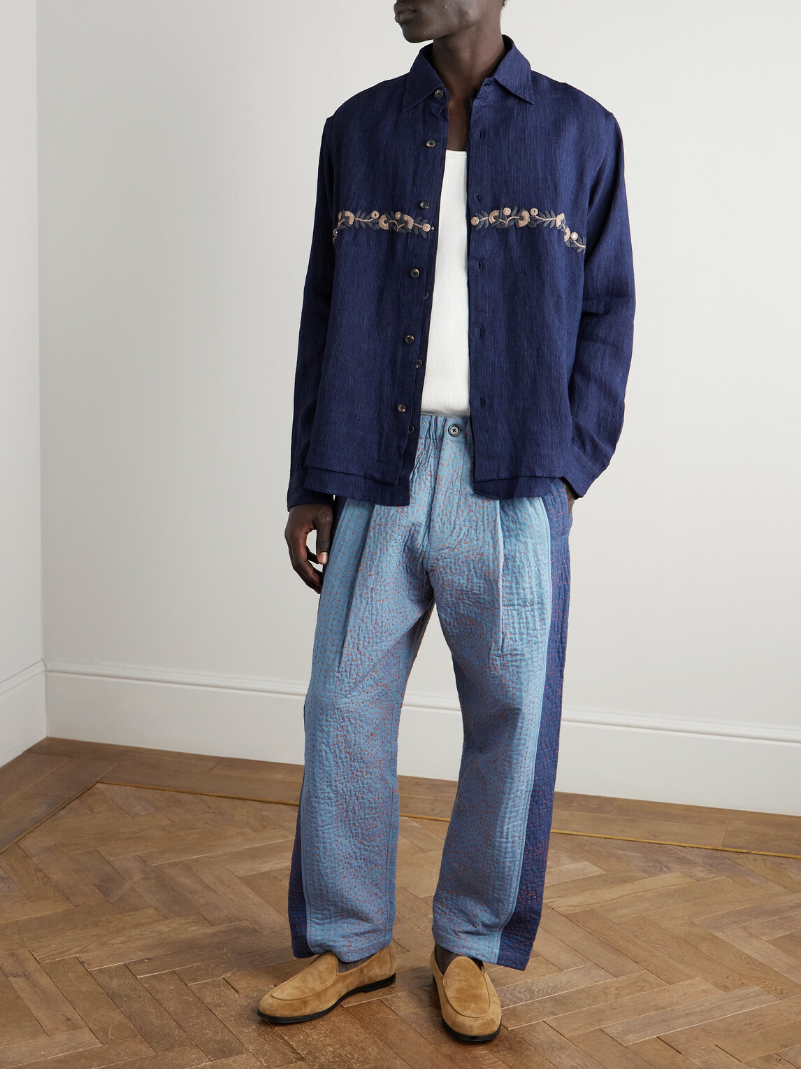 Kardo - Taka Straight-Leg Embroidered Cotton Trousers - Blue