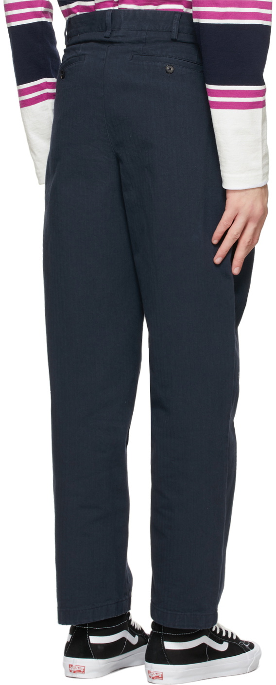 Noah Navy Herringbone Double-Pleat Trousers Noah NYC