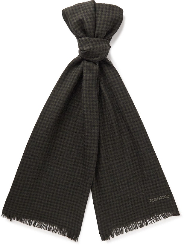 Photo: TOM FORD - Fringed Logo-Embroidered Checked Wool-Jacquard Scarf