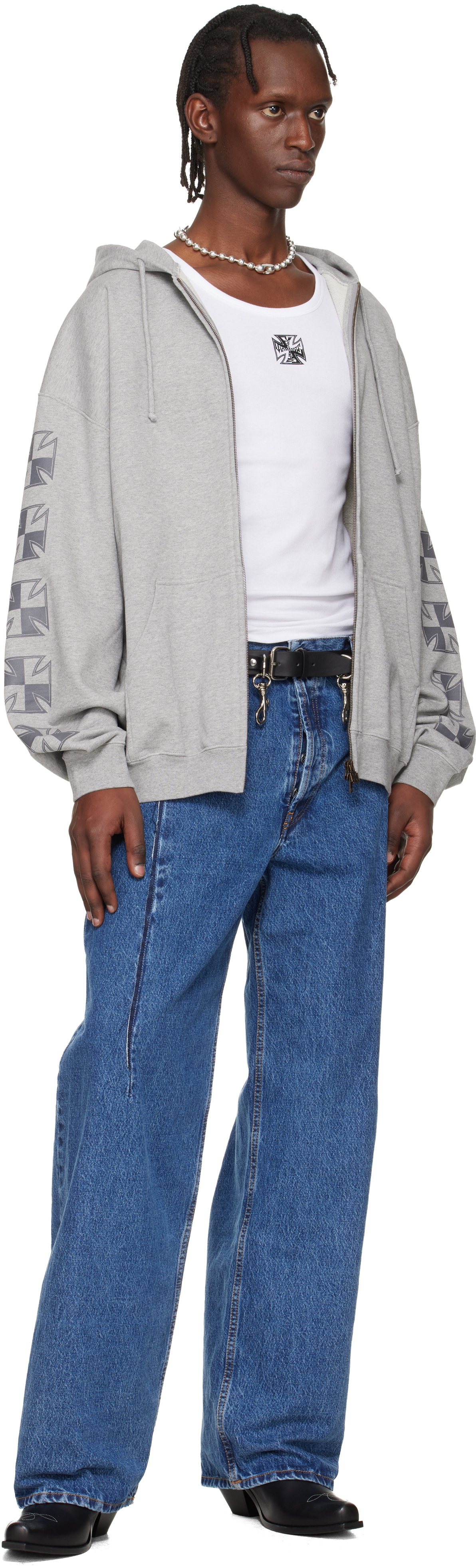 VETEMENTS Gray Biker Cross Sleeves Zip-Up Hoodie Vetements