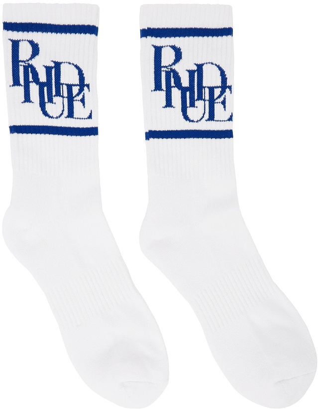 Photo: Rhude White & Blue Scramble Logo Sock