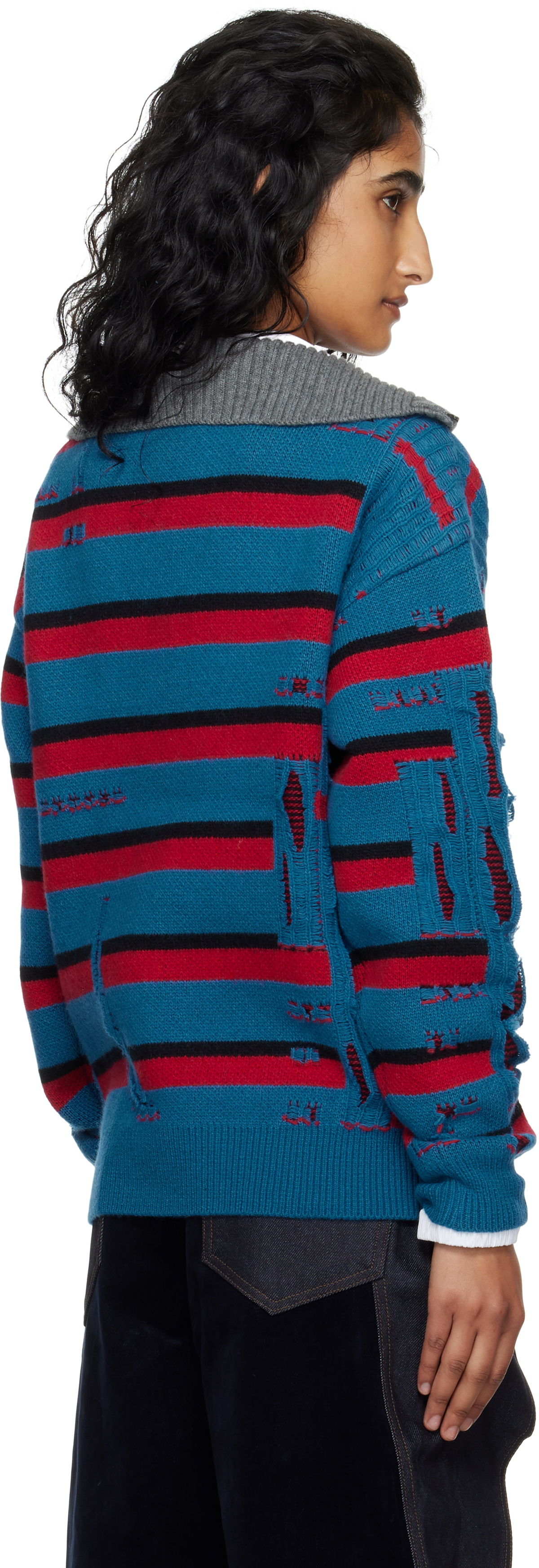 Andersson Bell Blue & Red Stripe Jacquard Half Zip-Up Sweater