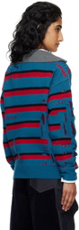 Andersson Bell Blue & Red Stripe Jacquard Half Zip-Up Sweater