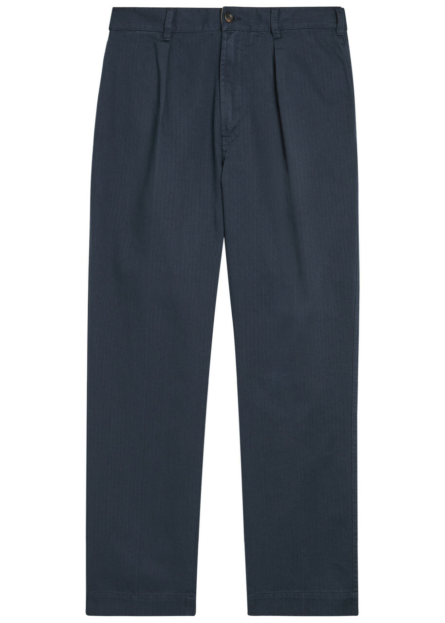 Drake's Herringbone Tapered-leg Trousers Navy