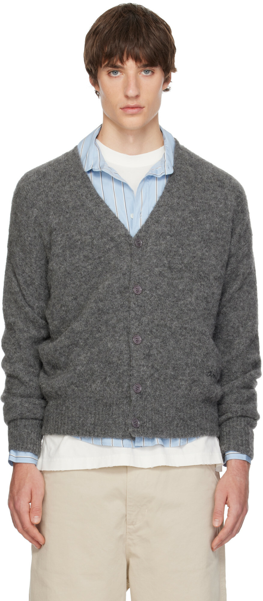 AMI Paris Gray V-Neck Ami Cardigan