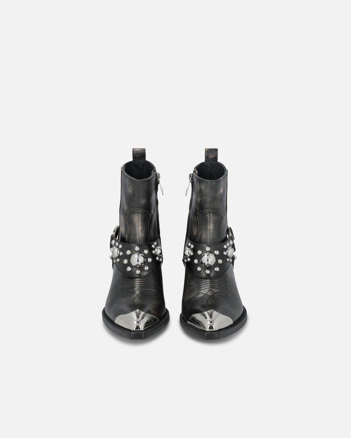 Pinko Ankle Cowboy Boots In Distressed Leather With A Metal Toe Cap Limo Black