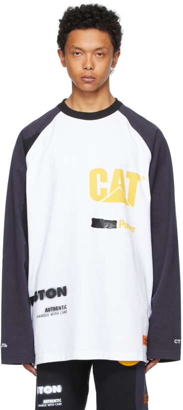 Photo: Heron Preston White Caterpillar Edition Raglan 'Power' Long Sleeve T-Shirt