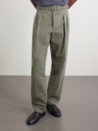 Officine Générale - Evans Wide-Leg Belted Pleated Organic Cotton-Twill Chinos - Green