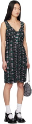 Anna Sui Black Rosetti Mesh Ruched Tie Midi Dress