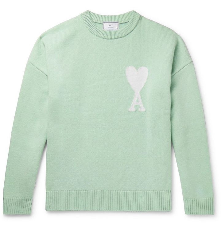 Photo: AMI - Logo-Intarsia Merino Wool Sweater - Mint