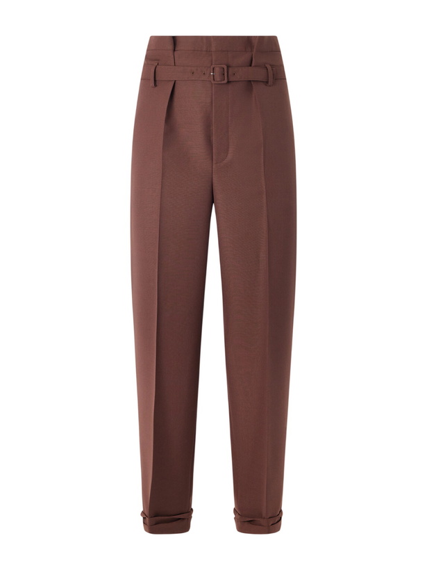 Photo: SAINT LAURENT - Tapered Belted Pleated Wool and Mohair-Blend Trousers - Brown
