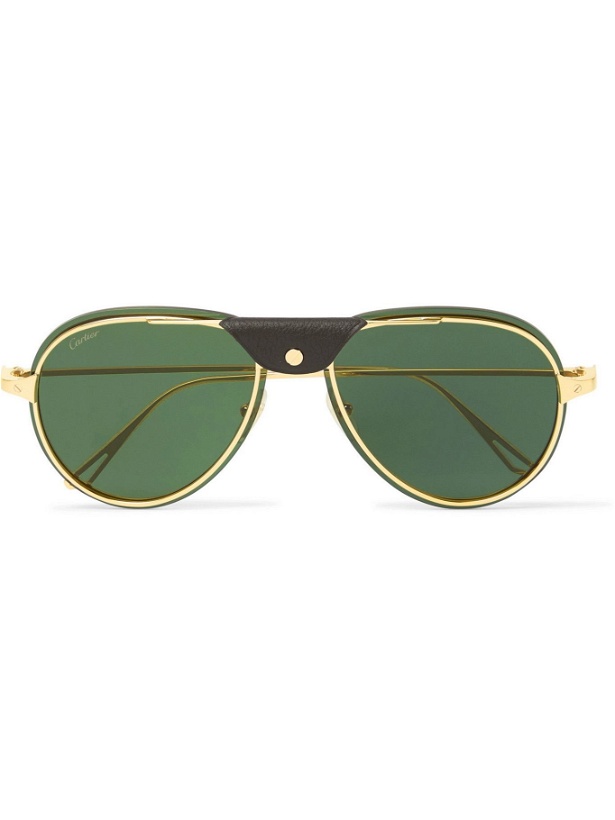 Photo: Cartier Eyewear - Aviator-Style Leather-Trimmed Gold-Tone Polarised Sunglasses