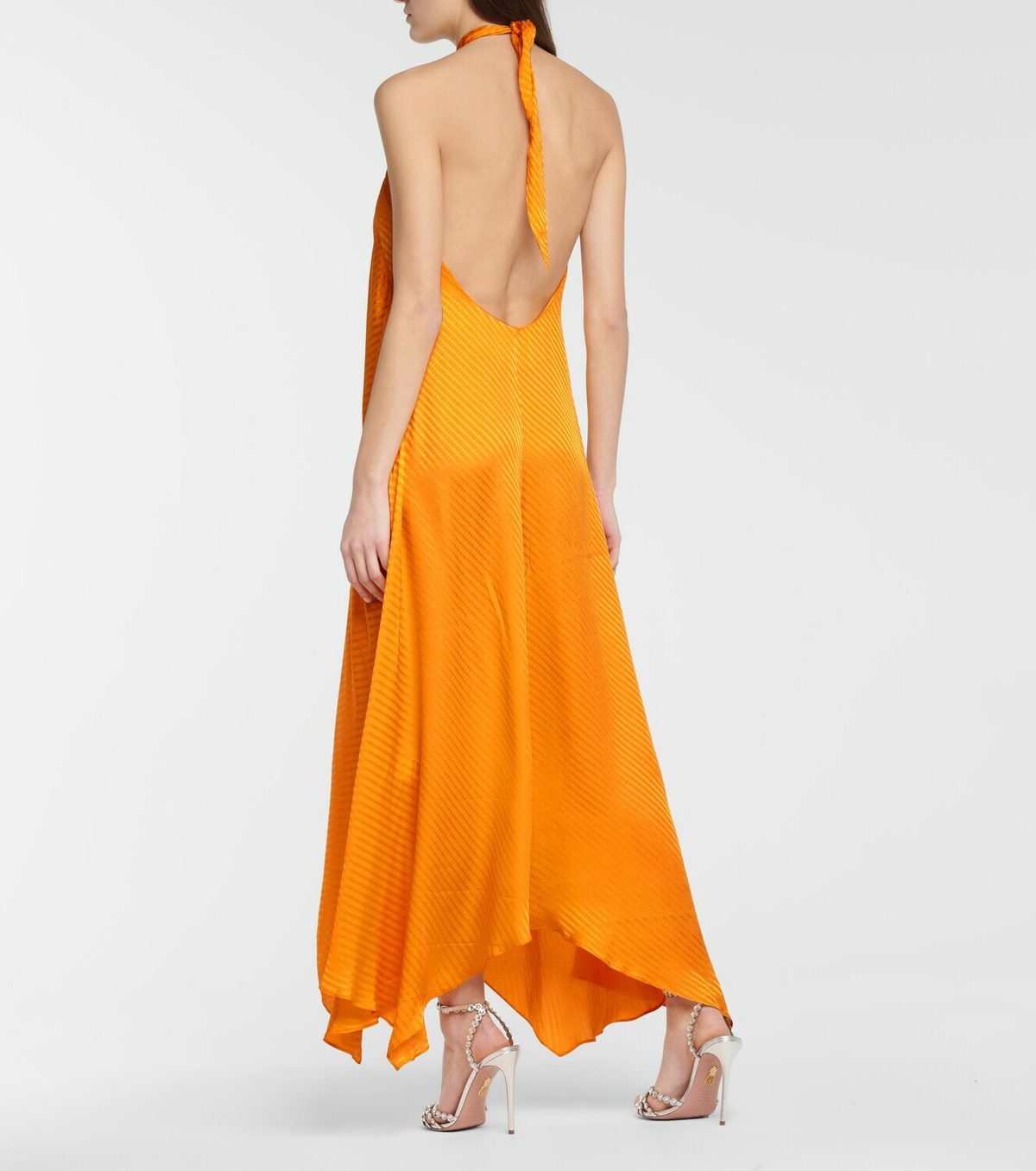 open lace back dress ASYMMETRIC RUCHED JERSEY MAXI DRESS IN ORANGE-BELLA GALVAN