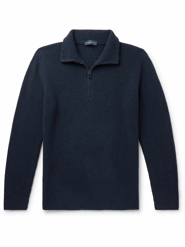 Photo: Thom Sweeney - Ribbed Merino Wool and Cashmere-Blend Half-Zip Sweater - Blue