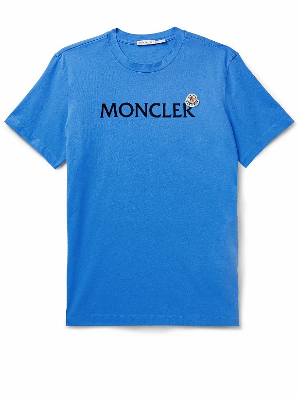Photo: Moncler - Logo-Flocked Appliquéd Cotton-Jersey T-Shirt - Blue