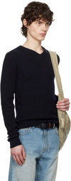 Tonywack Navy Super Fine Wool Ribbed V-Neck Sweater
