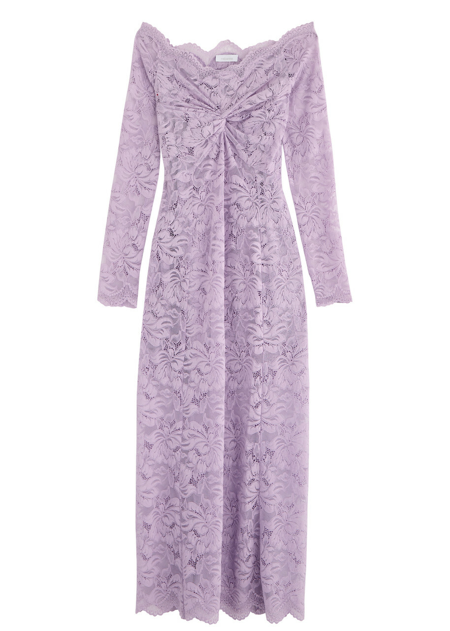 ワンピース RABANNE LAMINATED LACE OFF-THE-SHOULDER DRESS Rabanne Off-the-shoulder Lace Maxi Dress Lilac Paco Rabanne