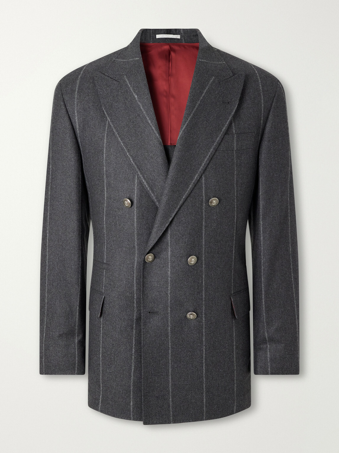 Brunello Cucinelli - Double-Breasted Pinstriped Wool, Cashmere and Silk-Blend Flannel Suit Jacket - Gray