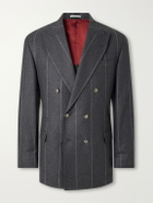 Brunello Cucinelli - Double-Breasted Pinstriped Wool, Cashmere and Silk-Blend Flannel Suit Jacket - Gray