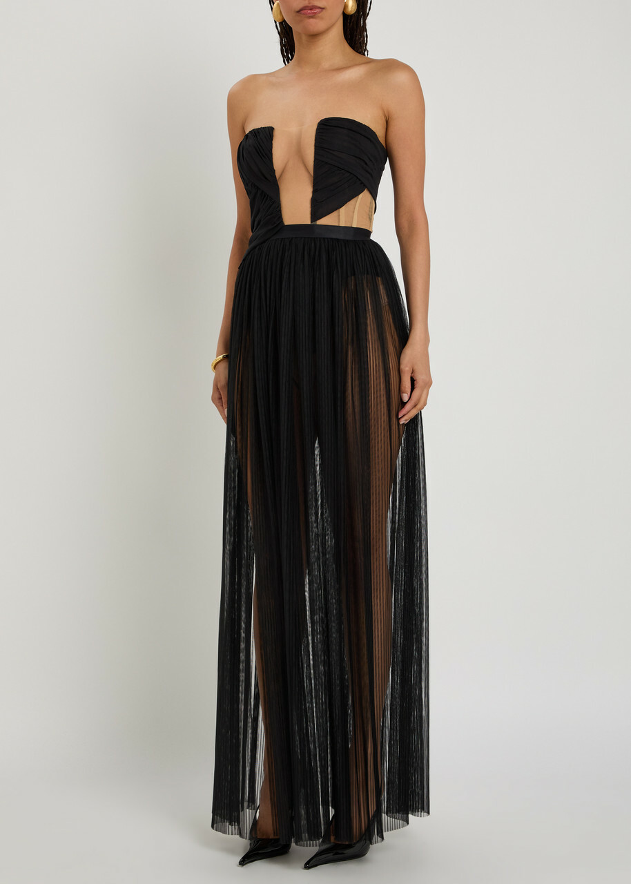 Nensi Dojaka Corset-style Strapless Mesh Gown Black