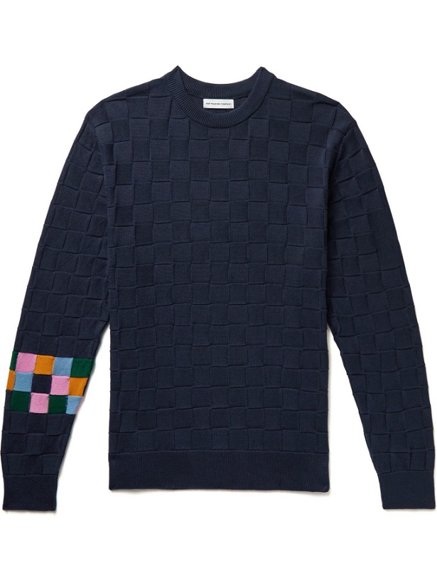 Photo: Pop Trading Company - Logo-Embroidered Checked Cotton Sweater - Blue