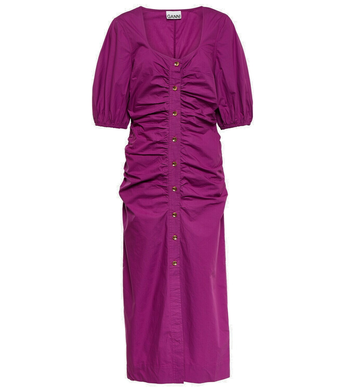 Ganni Ruched cotton poplin midi dress GANNI