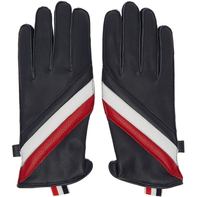 Photo: Thom Browne Navy Quilted Diagonal Stripe Gloves