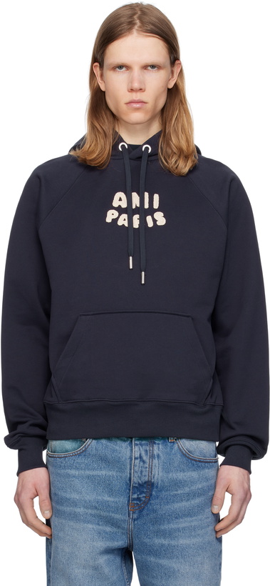 Photo: AMI Paris Navy Cotton 'Ami Paris' Patch Hoodie