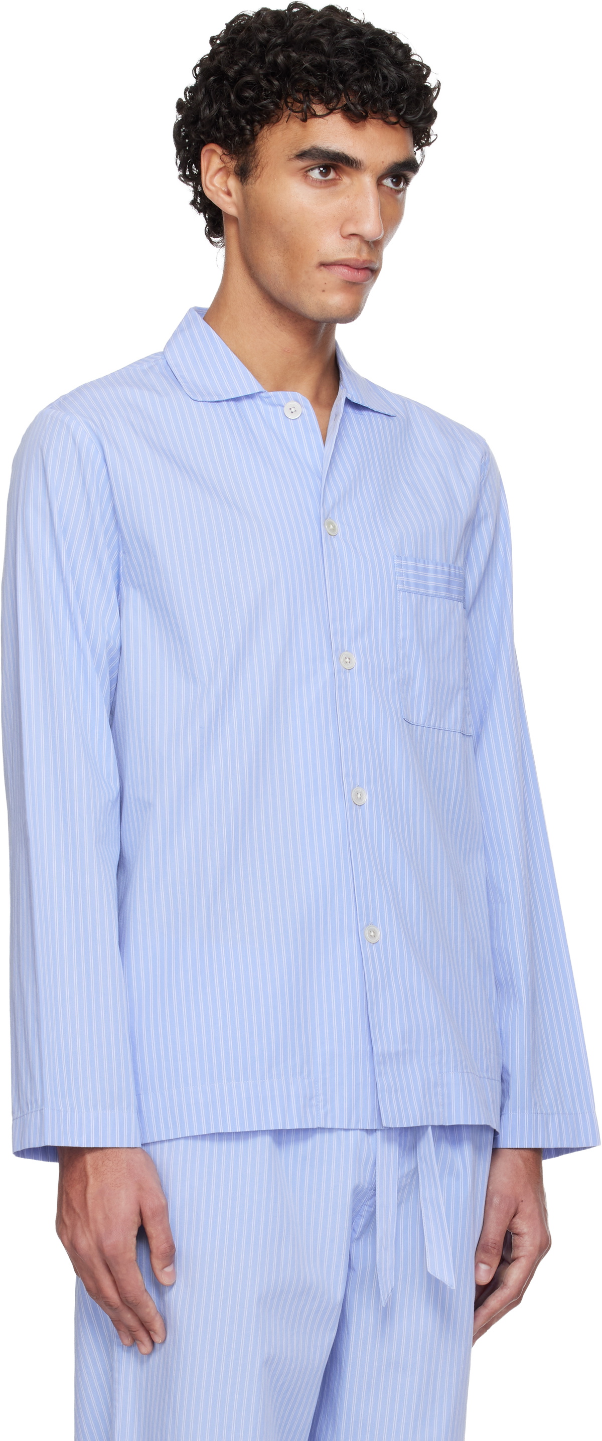 Tekla Blue Poplin Long-Sleeved Pyjama Shirt