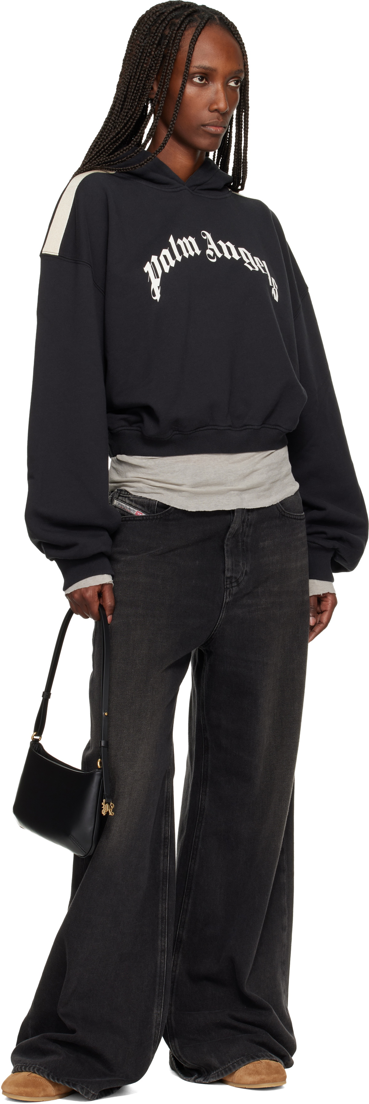 Palm Angels Black Curved Logo Track Crop Hoodie