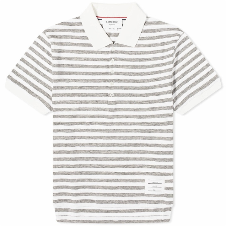 Photo: Thom Browne Men's Striped Linen Polo Shirt in Light Grey