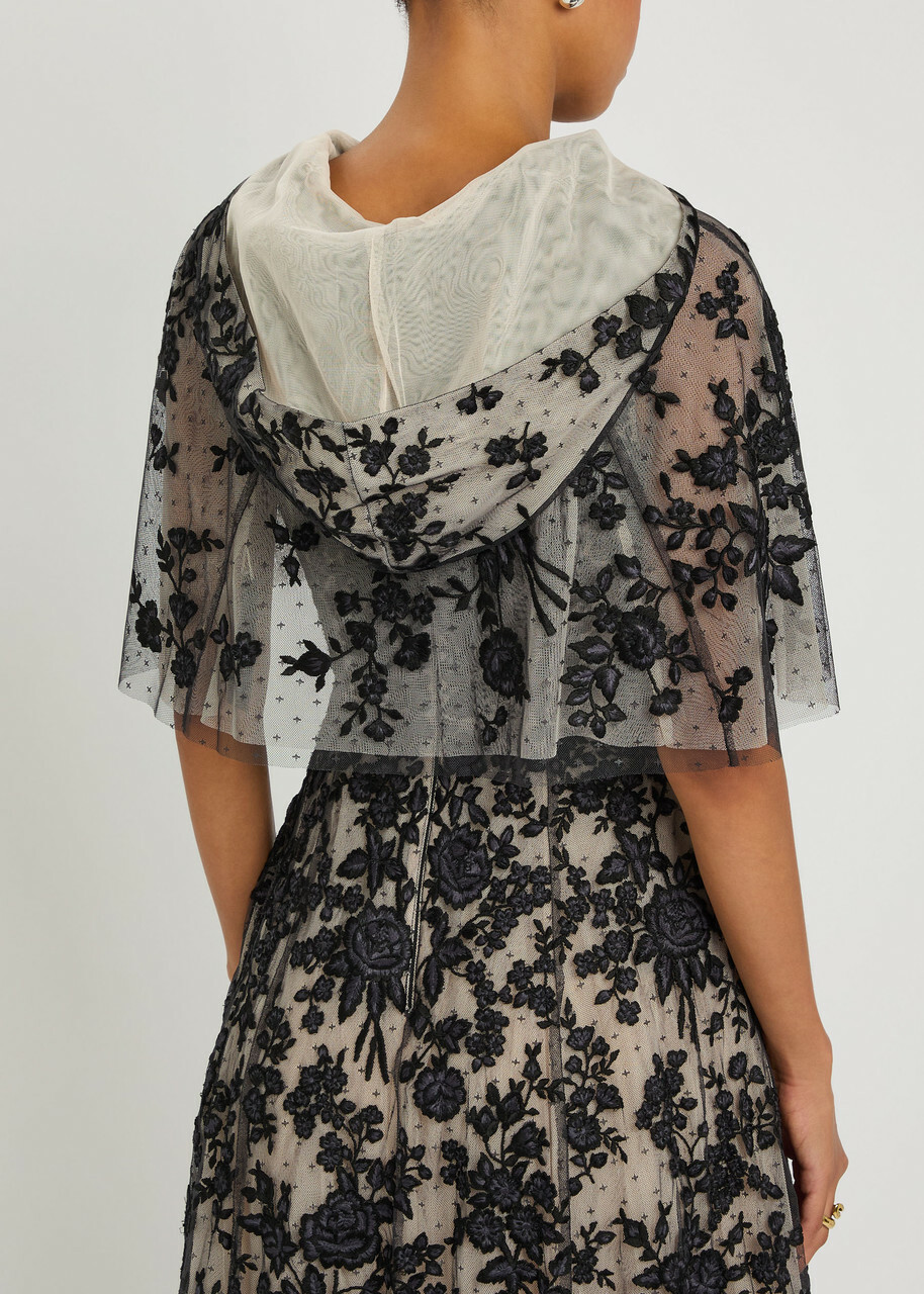 Needle & Thread Rosa Floral-embroidered Tulle Cape Black