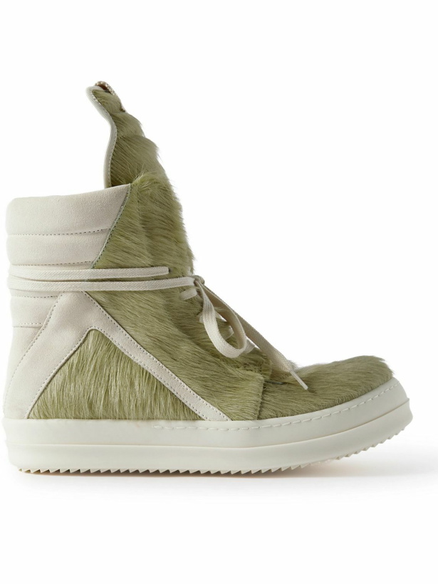 Photo: Rick Owens - Geobasket Suede-Trimmed Calf Hair High-Top Sneakers - Green