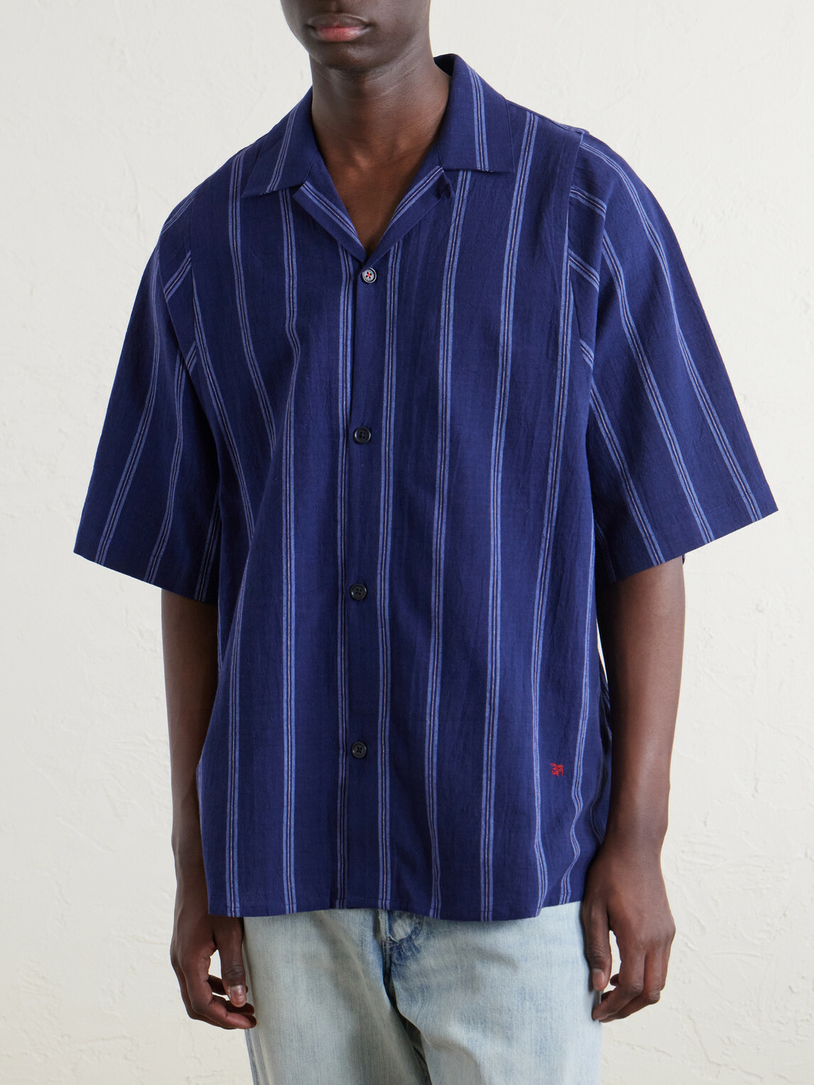 Kardo - Yusuke Camp-Collar Striped Cotton Shirt - Blue