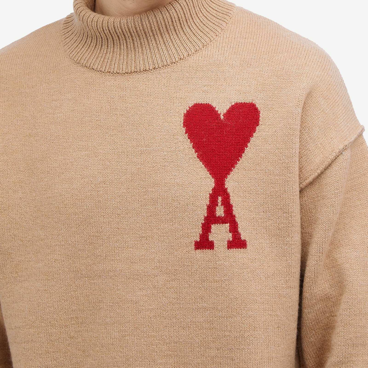AMI Paris Men's A Heart Crew Neck Jumper in Camel/Red AMI