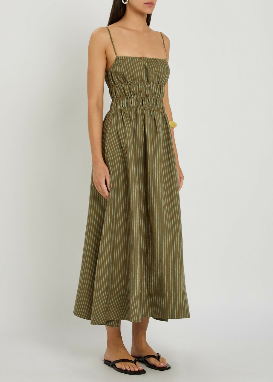 Staud Ayla Striped Linen Midi Dress Green