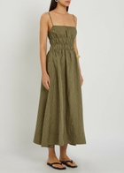 Staud Ayla Striped Linen Midi Dress Green