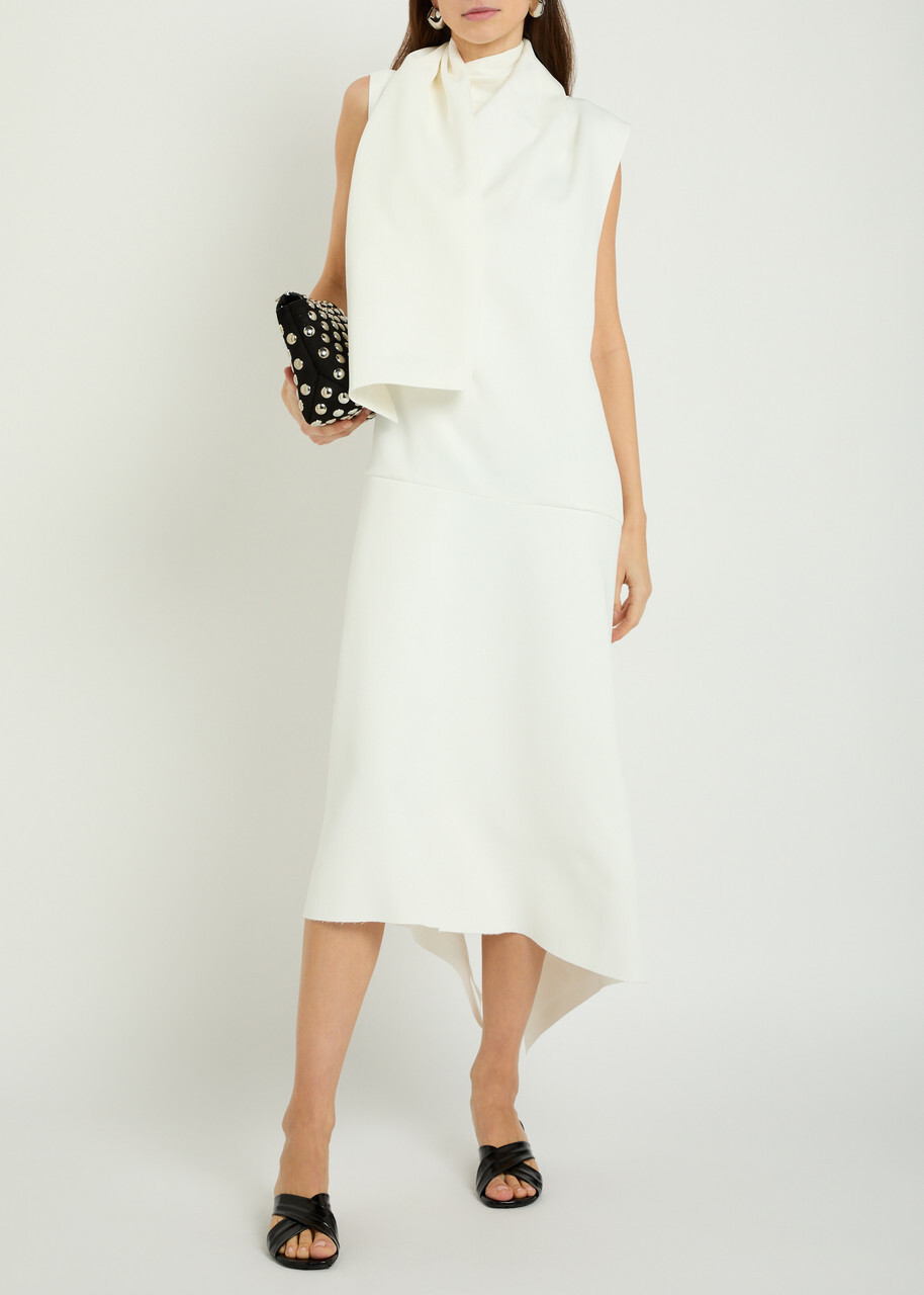 Khaite Loell Draped Crepe de Chine Midi Dress Off White