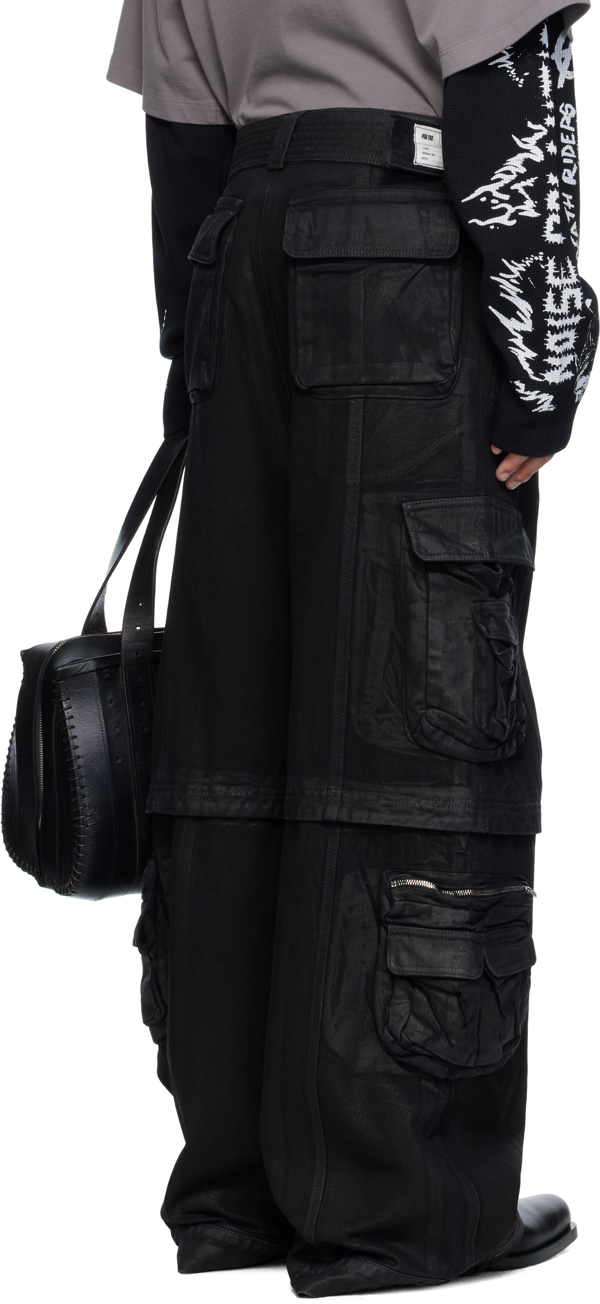 LU'U DAN Black Coated Denim Cargo Pants