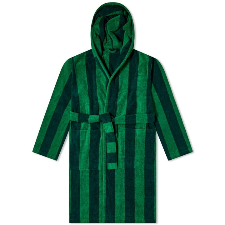 Photo: Tekla Fabrics Terry Hooded Bathrobe in Green Block Stripe