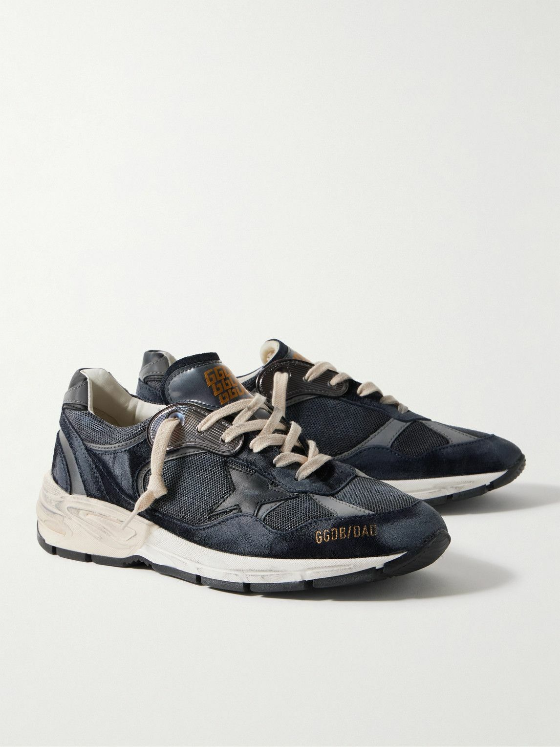 Golden Goose Running Dad Distressed Scuba and LeatherTrimmed Mesh and Suede Sneakers Blue