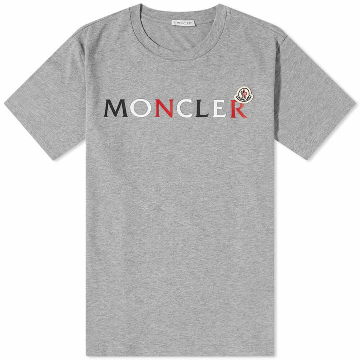 Photo: Moncler Men's Tricolore Text Logo T-Shirt in Grey Melange