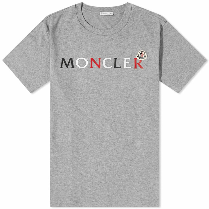 Photo: Moncler Men's Tricolore Text Logo T-Shirt in Grey Melange