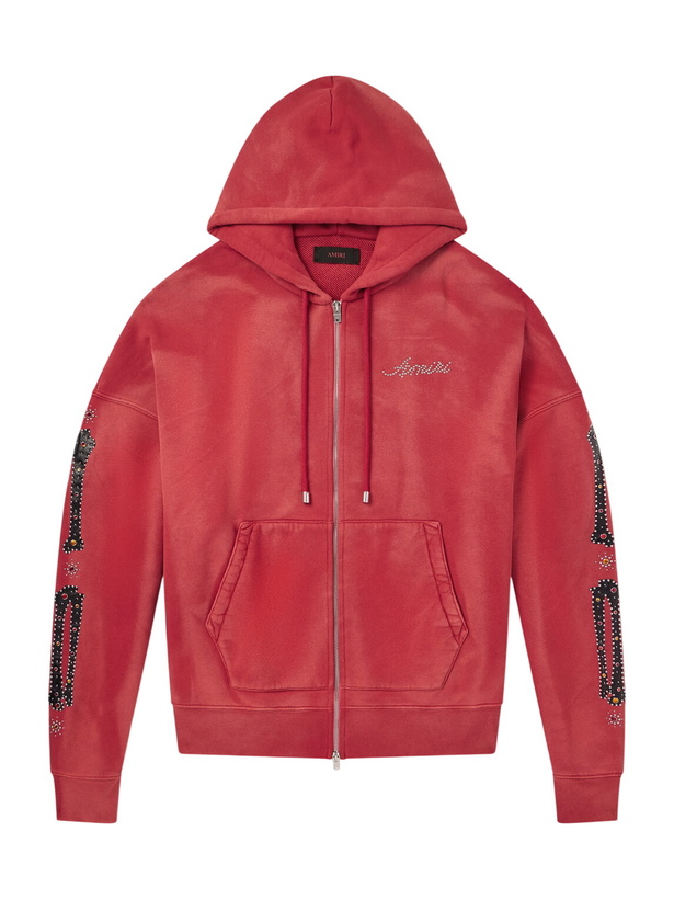 Photo: AMIRI - Studded Cotton-Jersey Zip-Up Hoodie - Red