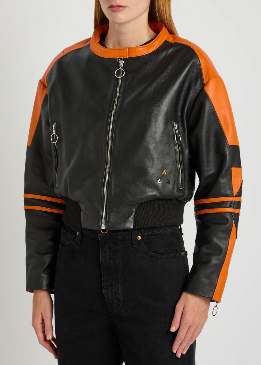 AN-Y1 Biker Padded Colour-blocked Leather Jacket Black