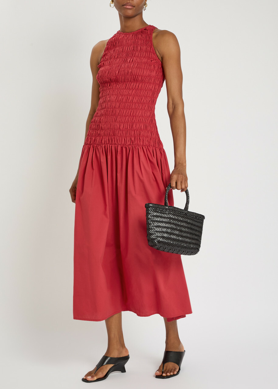 Faithfull The Brand Sanchia Shirred Cotton Midi Dress Red