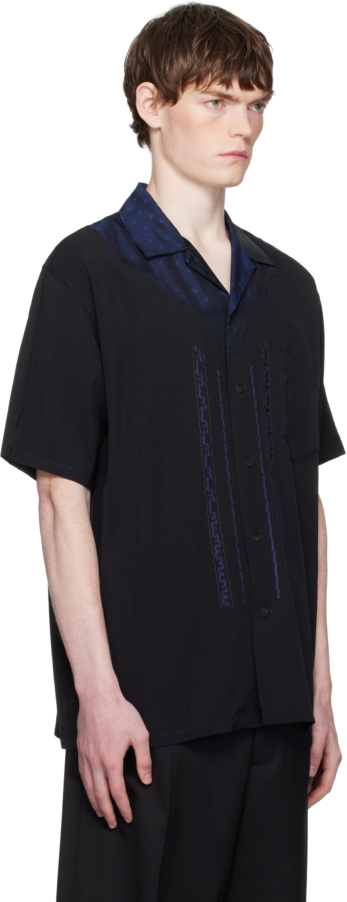 Toga Virilis Black Viscose Twill Short Sleeve Shirt