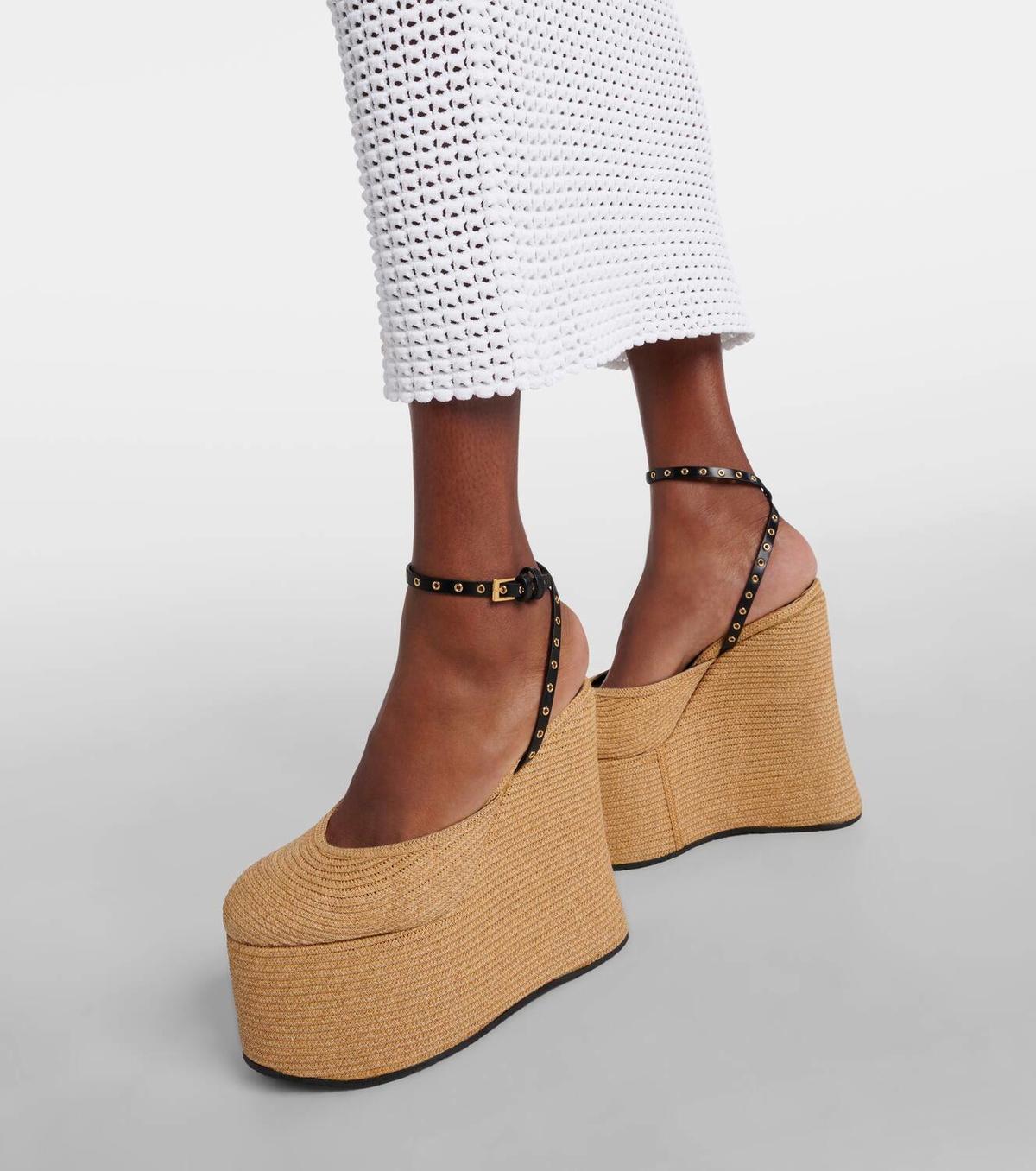 Alaïa Leather-trimmed raffia wedge sandals ALAÏA