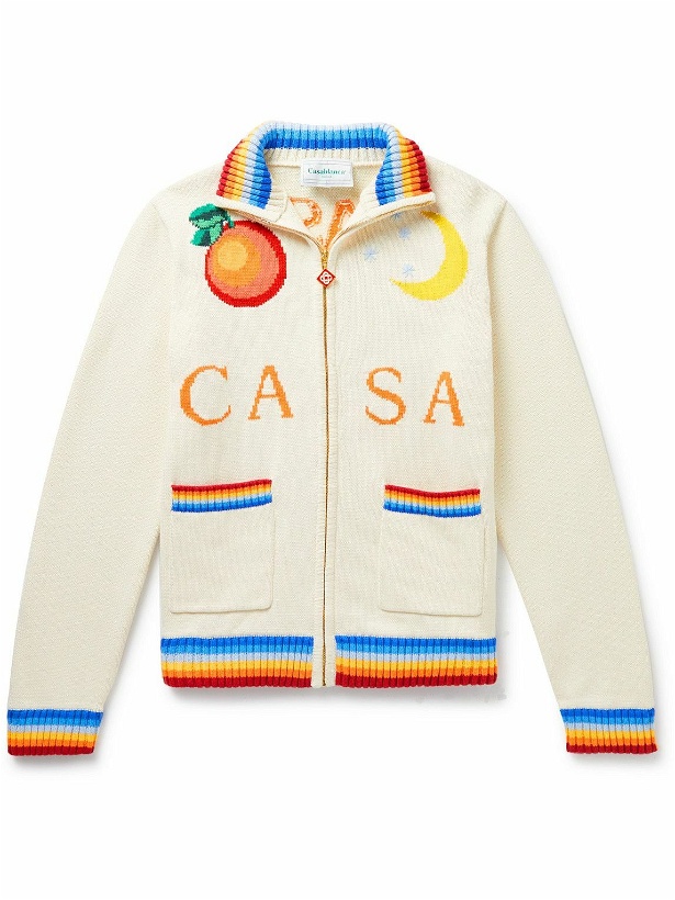 Photo: Casablanca - Casa Club Intarsia Cotton Zip-Up Cardigan - Neutrals