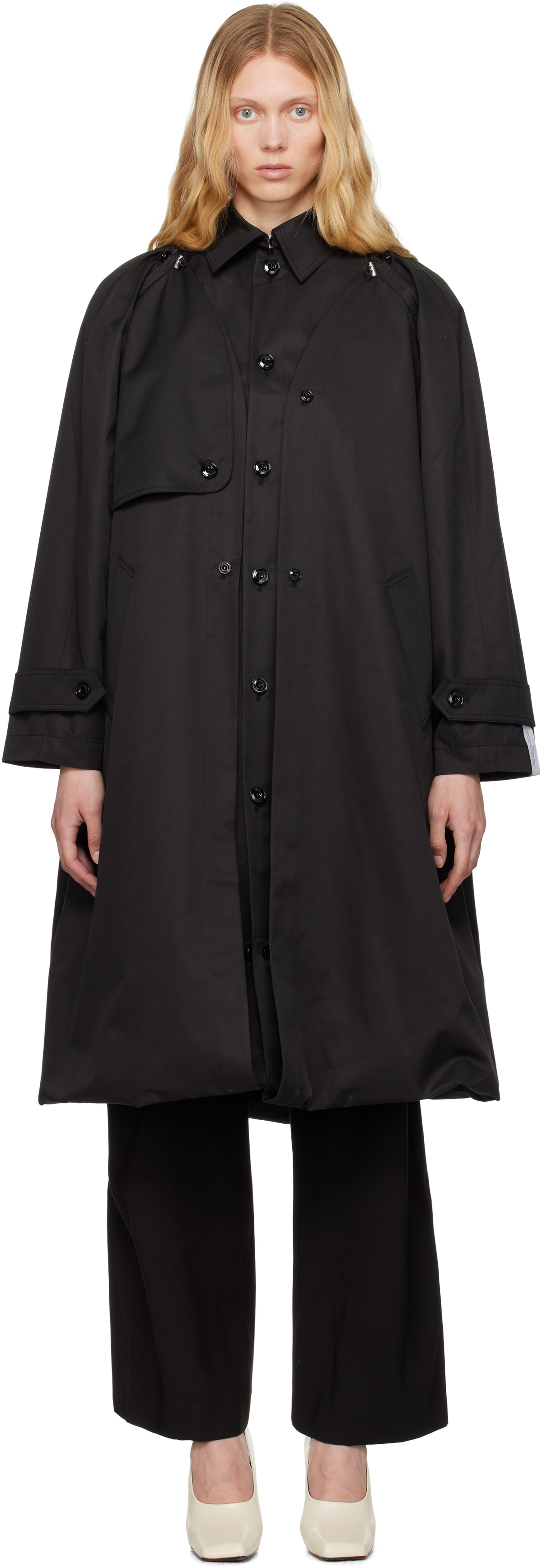 Rokh Black Balloon Shape Buttoned Trench Coat